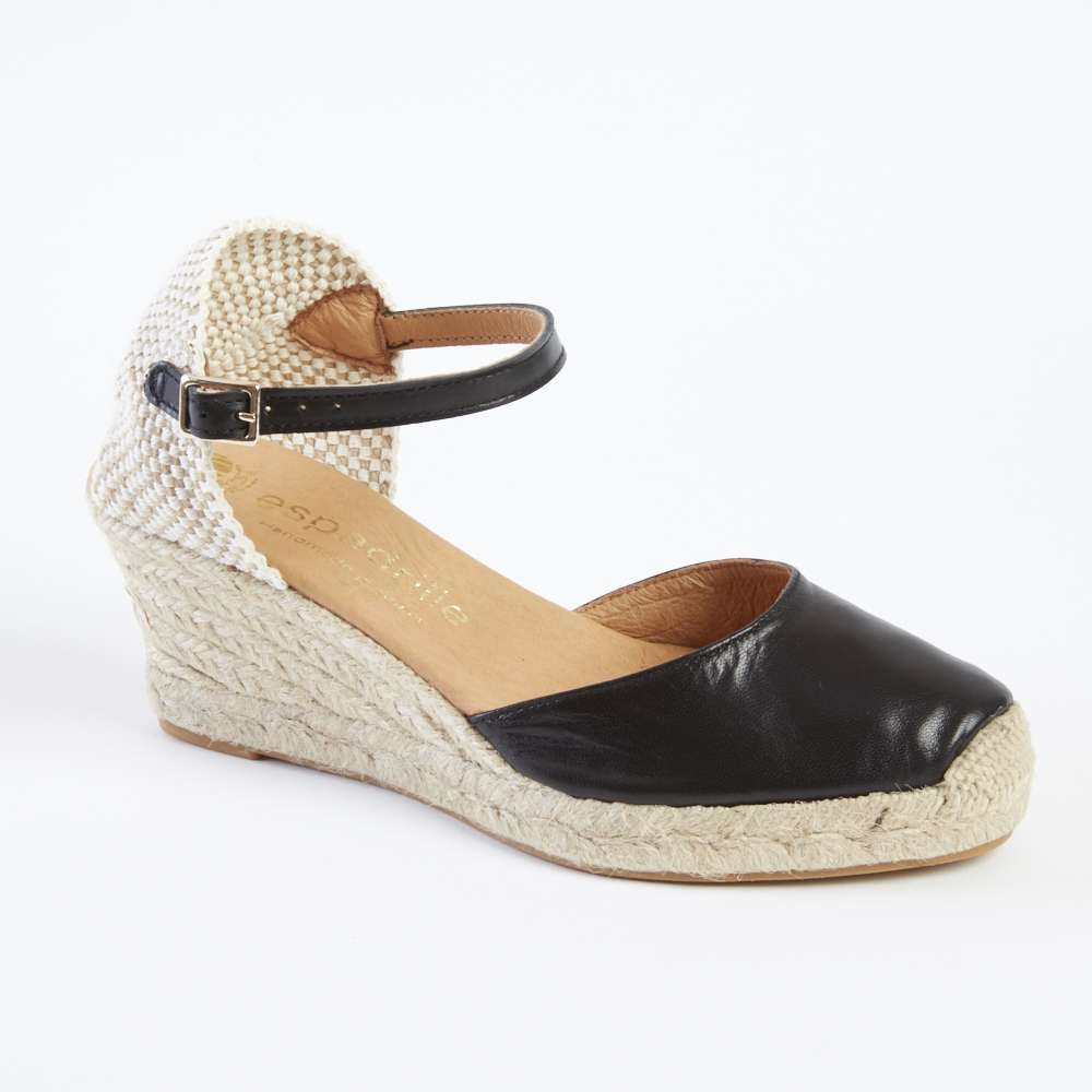 Black Leather Espadrilles Mid Wedge espadrille.co .uk