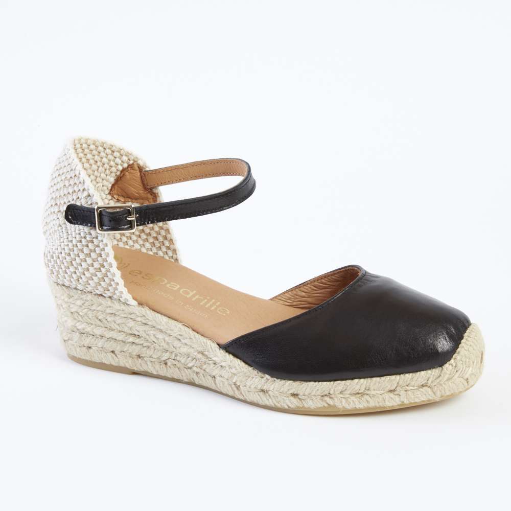 Black Leather Wedge Espadrilles Low Wedge espadrille.co .uk