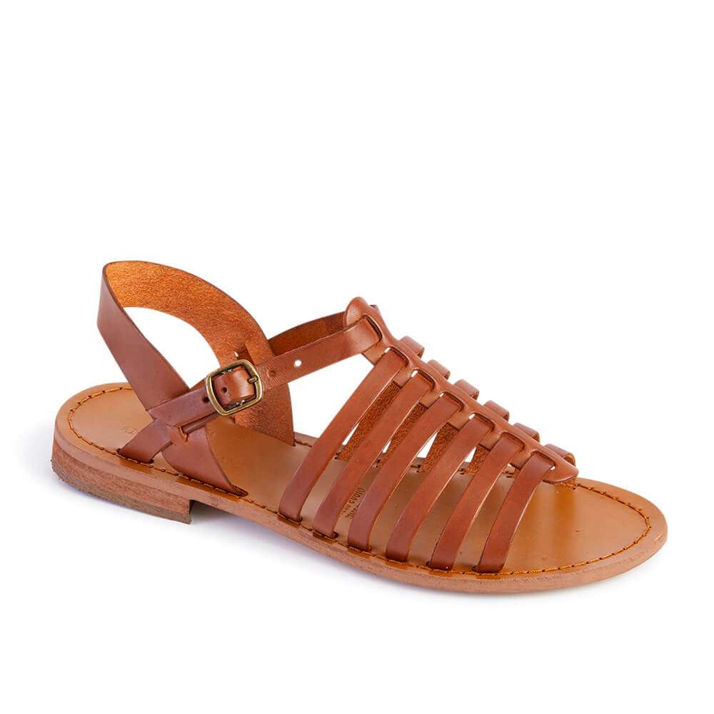Italian Leather Gladiator Style Caged Sandal Dark Tan